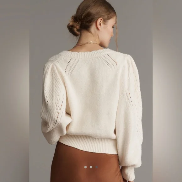 By Anthropologie Pointelle Scalloped Cardigan Sweater in Ivory - Picture 2 of 5